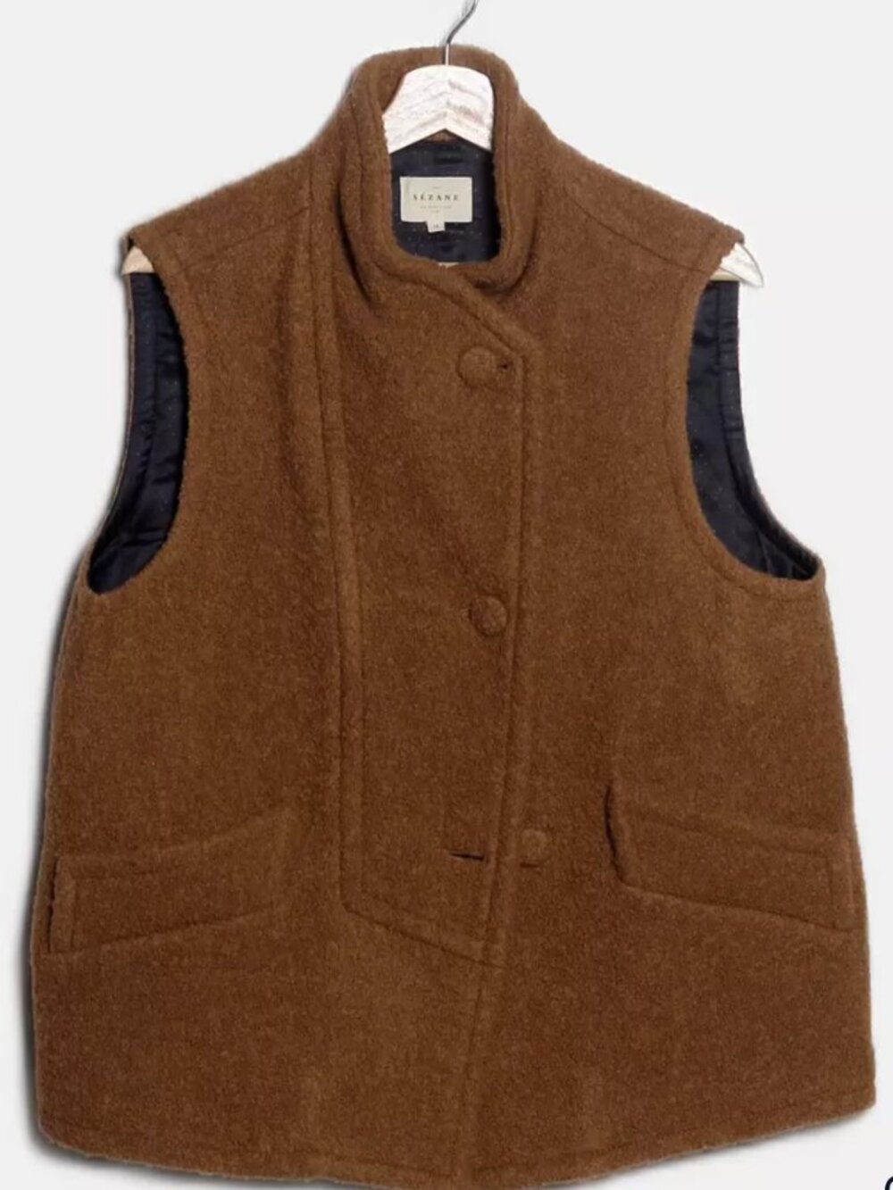 Sézane Boucle Sleeveless Vest – Camel Brown, Stand Collar, Like New